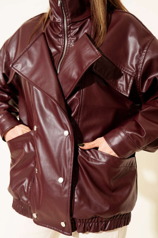 Double-Breasted Leather Jacket, Burgundy