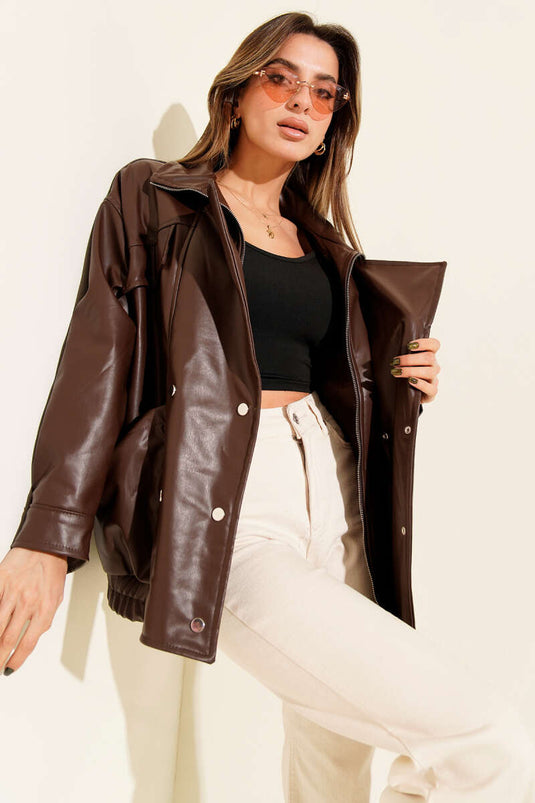 جاكيت جلدي مزدوج الصدر، بني