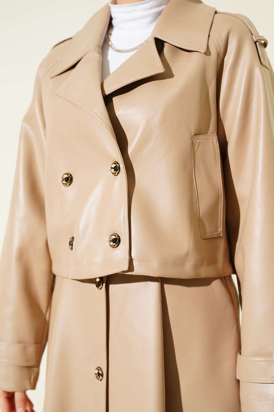 بدلة جلدية مزدوجة الصدر من قطعتين باللون البيج