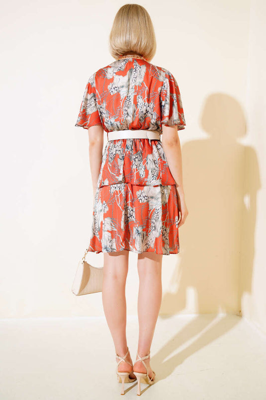 فستان ساتان مزدوج الصدر بنقشة برتقالية