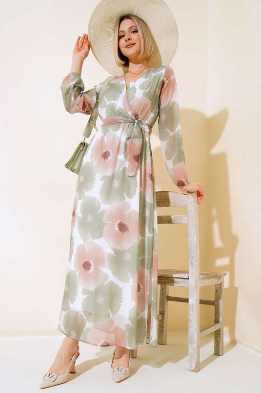 Robe En Mousseline À Motifs À Col Double Boutonnage Vert