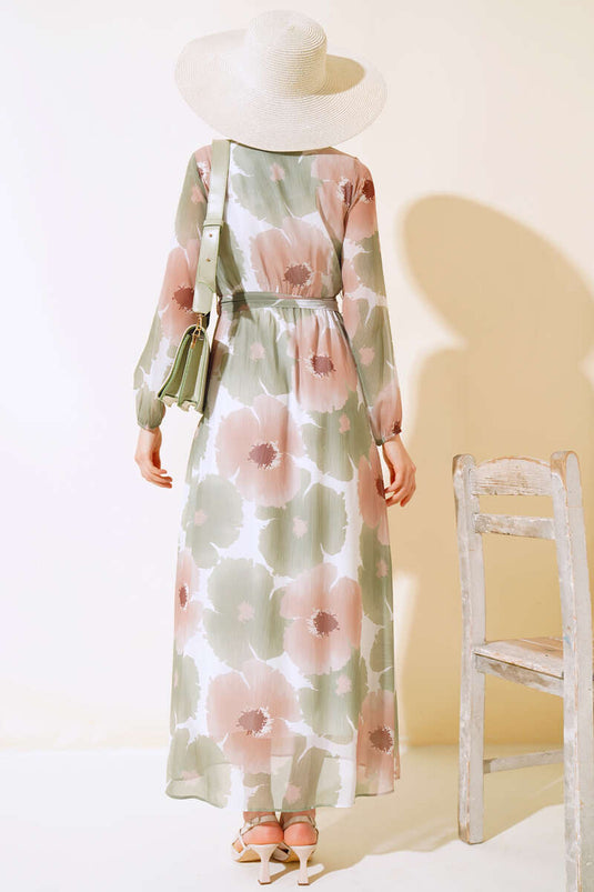 Robe En Mousseline À Motifs À Col Double Boutonnage Vert