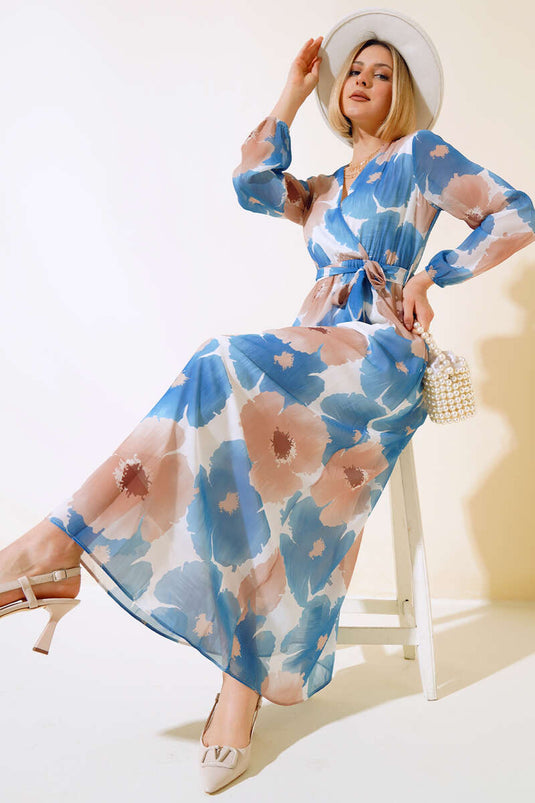 Robe En Mousseline À Motifs À Col Double Boutonnage Indigo