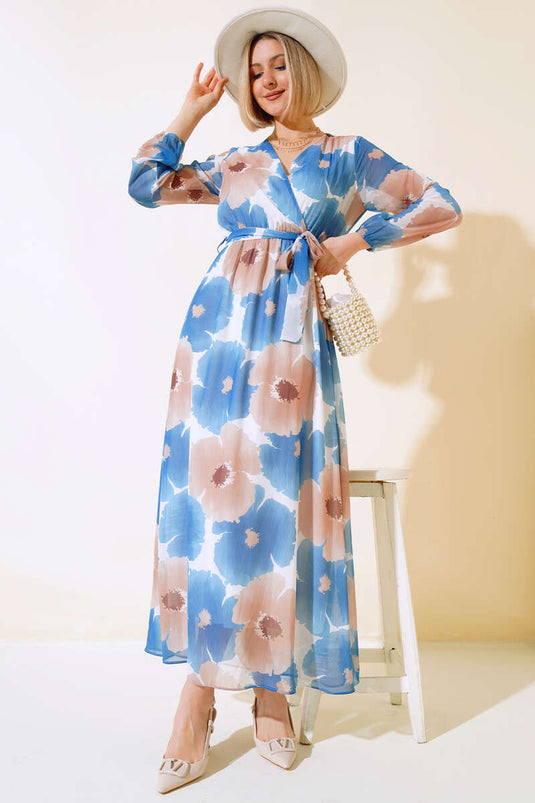 Robe En Mousseline À Motifs À Col Double Boutonnage Indigo