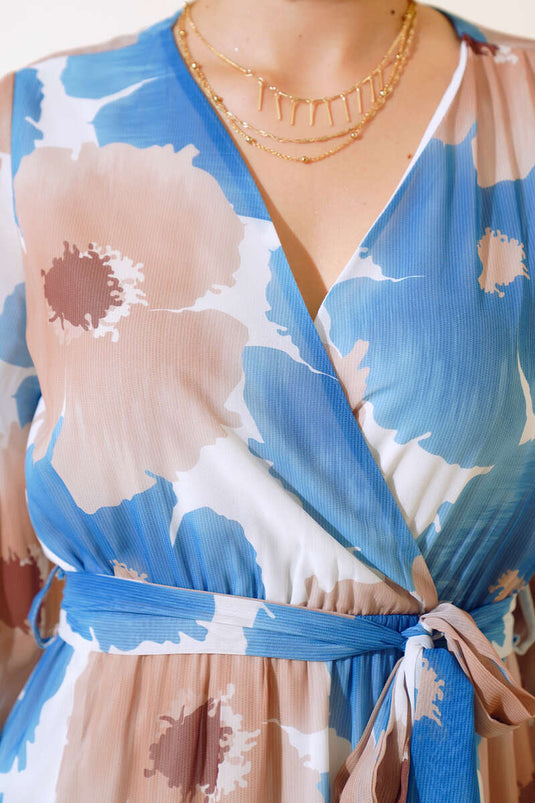 Robe En Mousseline À Motifs À Col Double Boutonnage Indigo