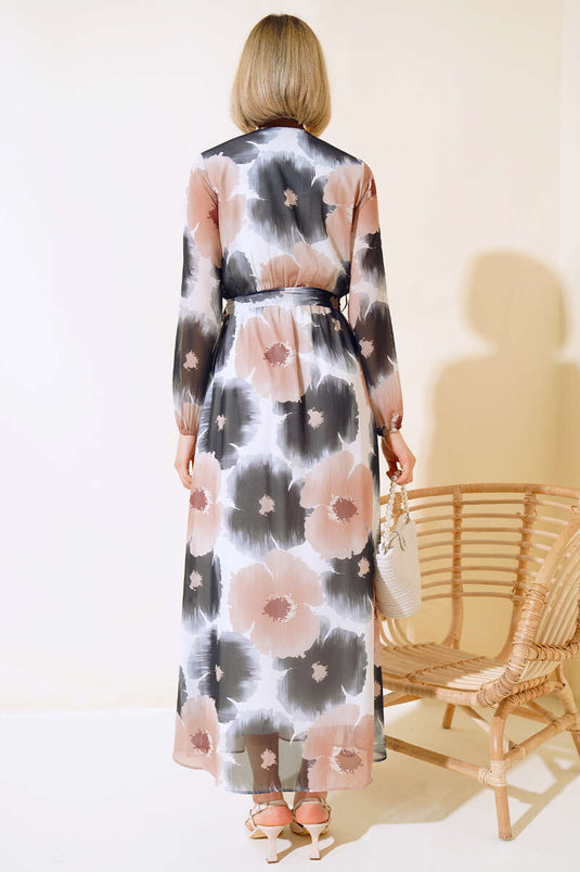 Black Chiffon Dress with Shawl Collar Pattern