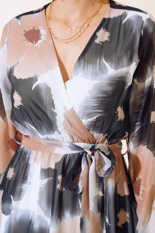 Black Chiffon Dress with Shawl Collar Pattern