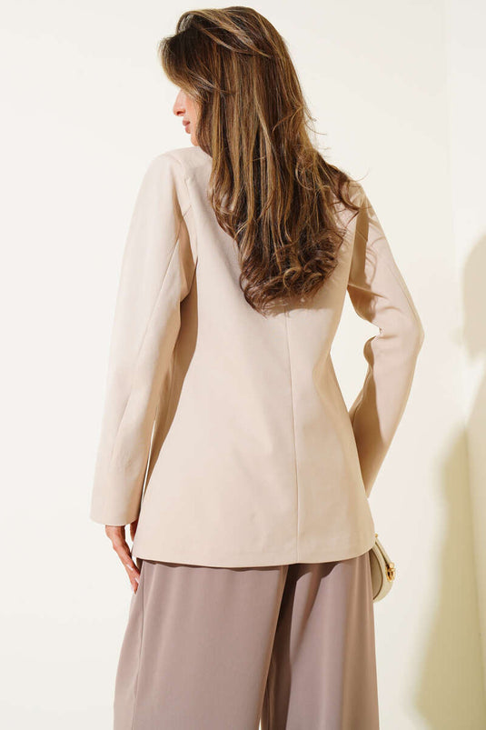 Double-Breasted Four-Button Blazer Jacket, Beige