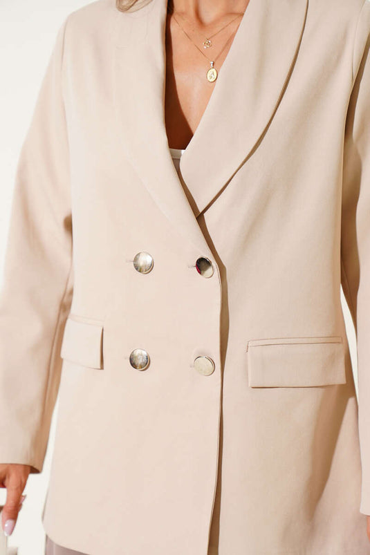 Double-Breasted Four-Button Blazer Jacket, Beige