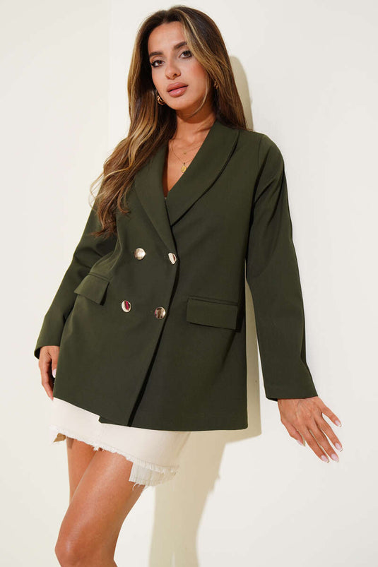 Kruvaze Yaka Dört Düğmeli Blazer Ceket Haki