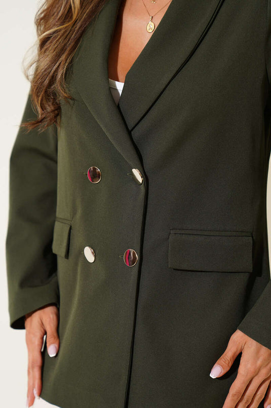 Kruvaze Yaka Dört Düğmeli Blazer Ceket Haki