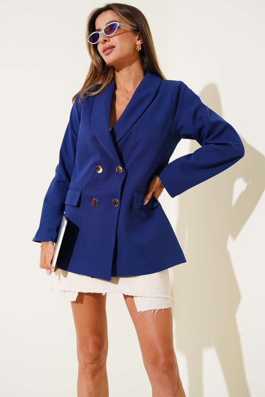جاكيت بليزر مزدوج الصدر بأربعة أزرار، أزرق داكن