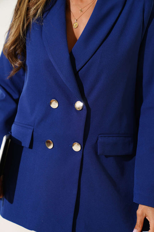 جاكيت بليزر مزدوج الصدر بأربعة أزرار، أزرق داكن