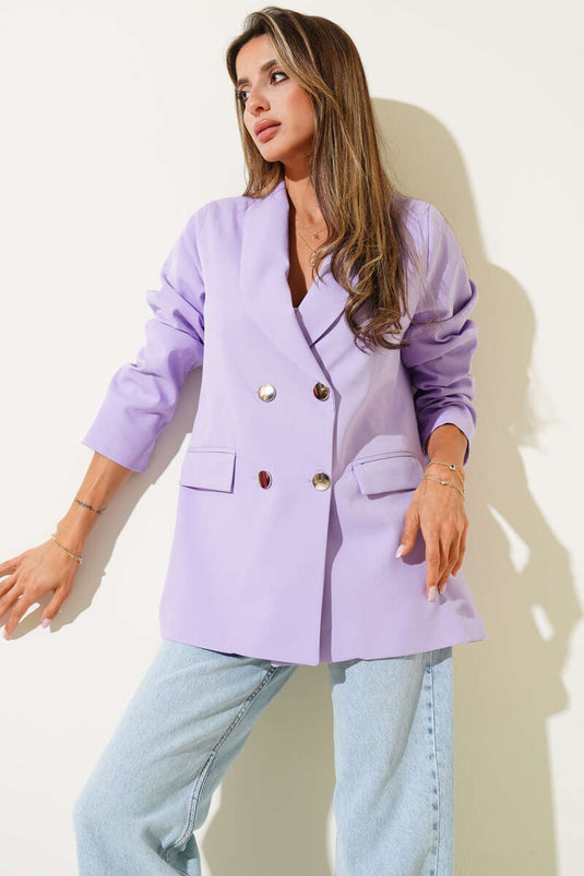 جاكيت بليزر مزدوج الصدر بأربعة أزرار، لون أرجواني فاتح