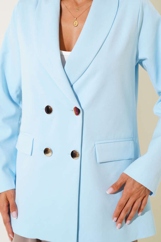 Double-Breasted Four-Button Blazer Jacket, Blue