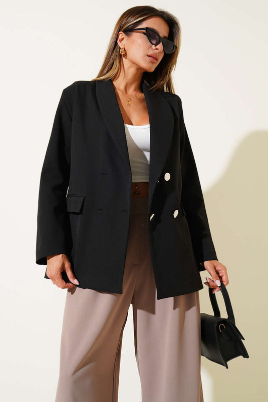 Schwarzer, zweireihiger Blazer mit vier Knöpfen