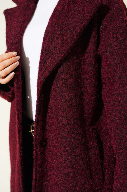 Burgundy Double-Breasted Kaşe Coat with Button Details