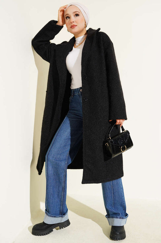 Black Kaşe Coat with Double-Breasted Collar and Button Details
