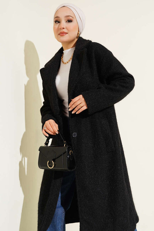 Black Kaşe Coat with Double-Breasted Collar and Button Details