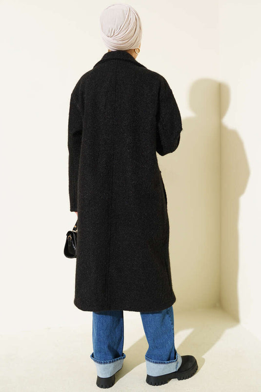 Black Kaşe Coat with Double-Breasted Collar and Button Details