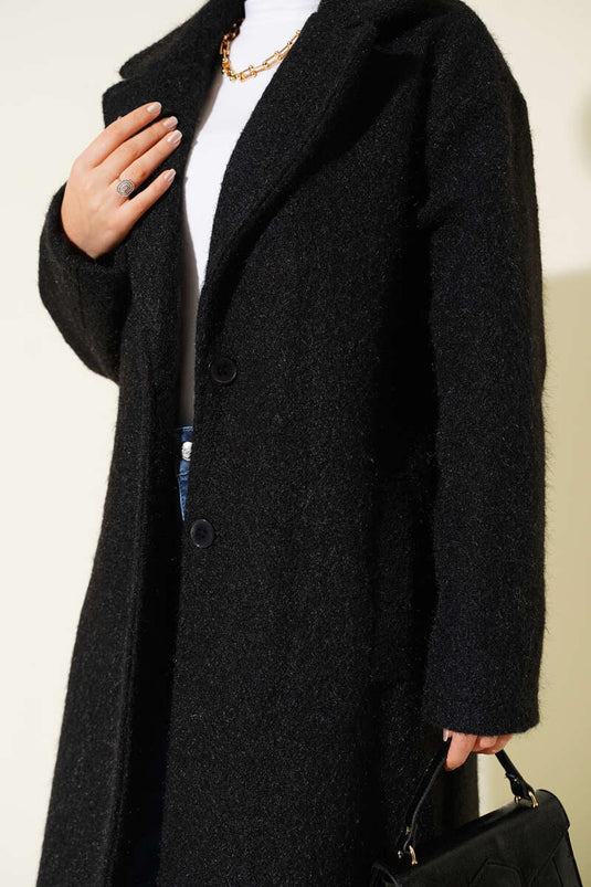Black Kaşe Coat with Double-Breasted Collar and Button Details
