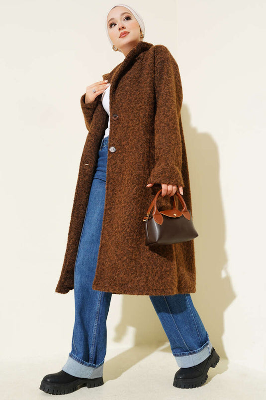 Double-Breasted Button-Detailed Tweed Overcoat Taba