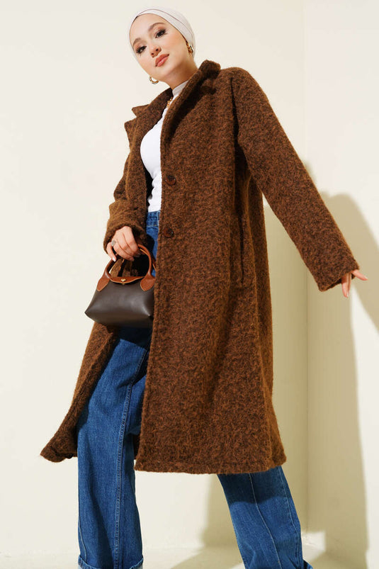 Double-Breasted Button-Detailed Tweed Overcoat Taba