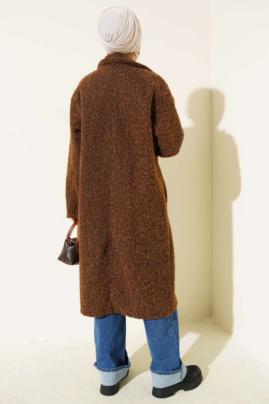 Double-Breasted Button-Detailed Tweed Overcoat Taba