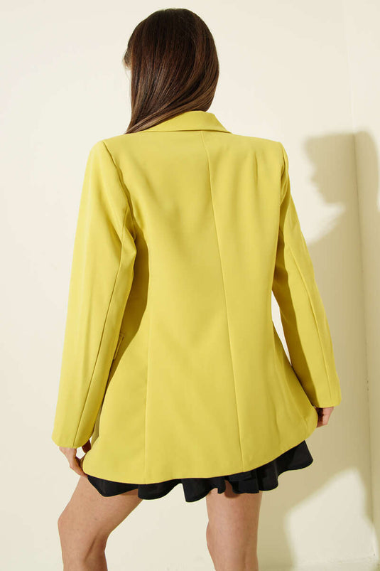 Kruvaze Yaka Düğmeli Astarlı Blazer Ceket Sarı