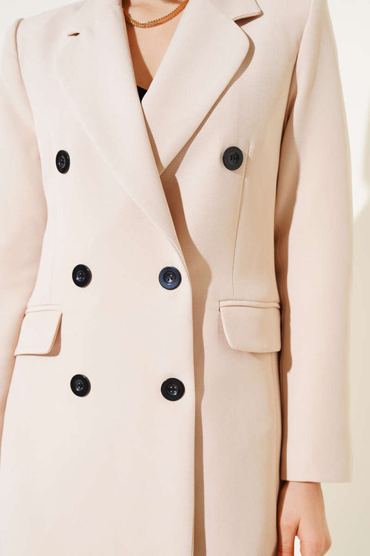 Kruvaze Yaka Düğmeli Astarlı Blazer Ceket Taş