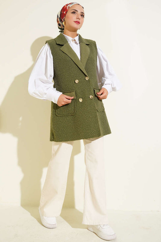 Zweireihige Weste mit Kragenknöpfen, khaki.