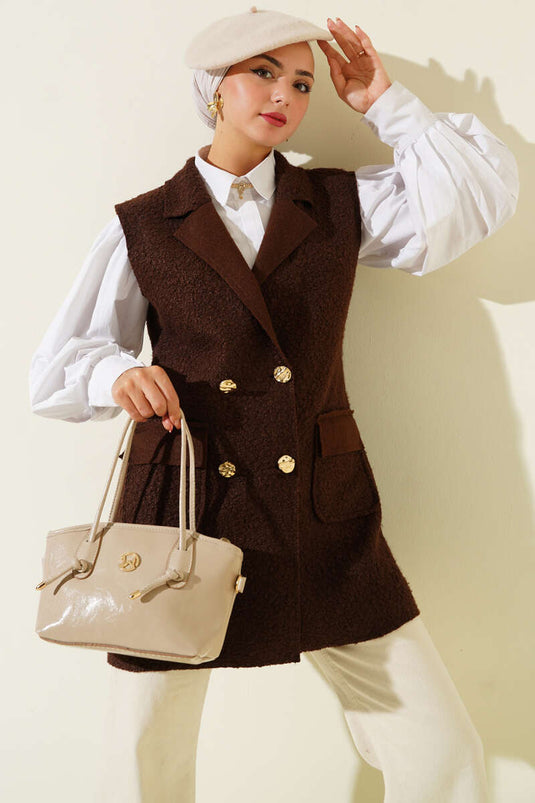 Kruvaze Yaka Düğmeli Detaylı Yelek Kahve