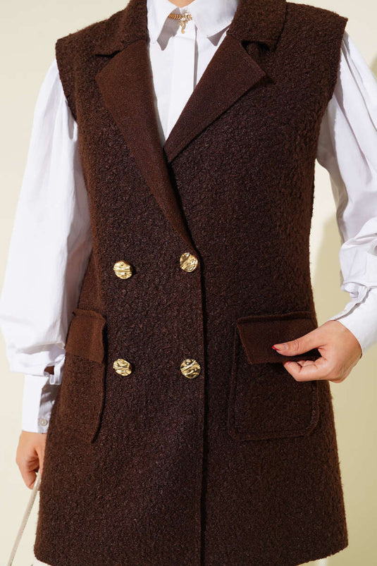 Kruvaze Yaka Düğmeli Detaylı Yelek Kahve