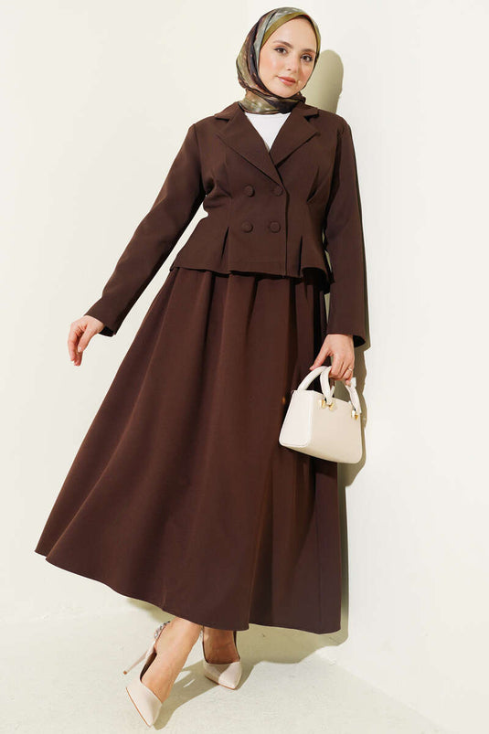 Double Set with Wrap Collar, Buttoned Skirt, Brown