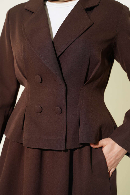 Double Set with Wrap Collar, Buttoned Skirt, Brown