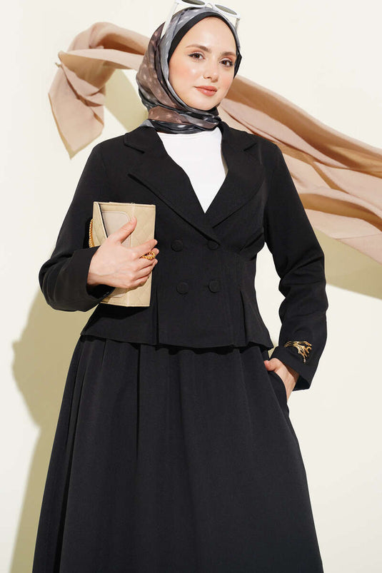 Black Double Set with Wrap Collar, Buttons, and Skirt