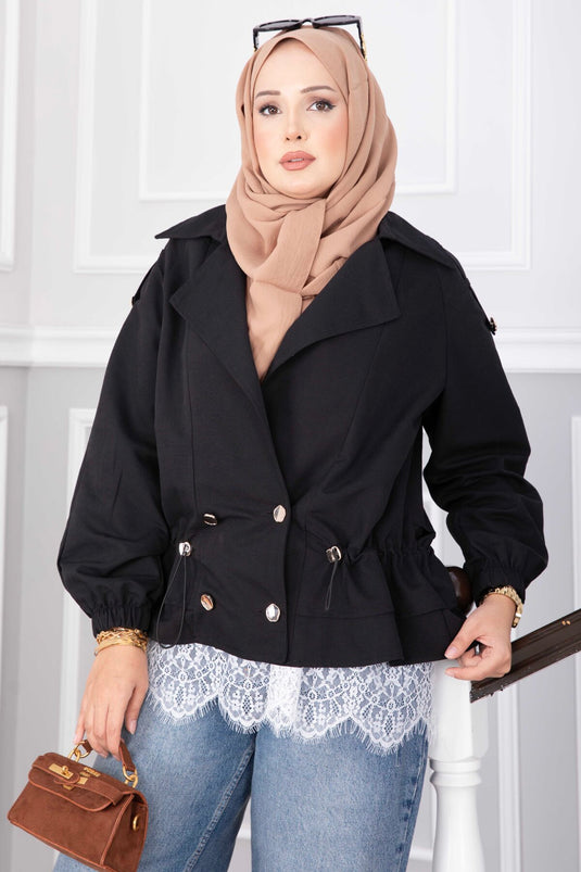 Schwarzer Kurzer Trenchcoat Mit Umschlagkragen Und Knöpfen