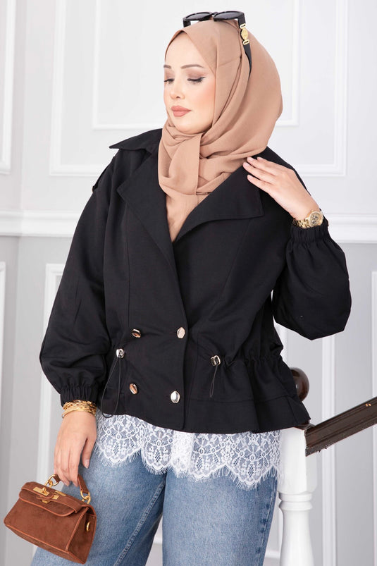 Schwarzer Kurzer Trenchcoat Mit Umschlagkragen Und Knöpfen