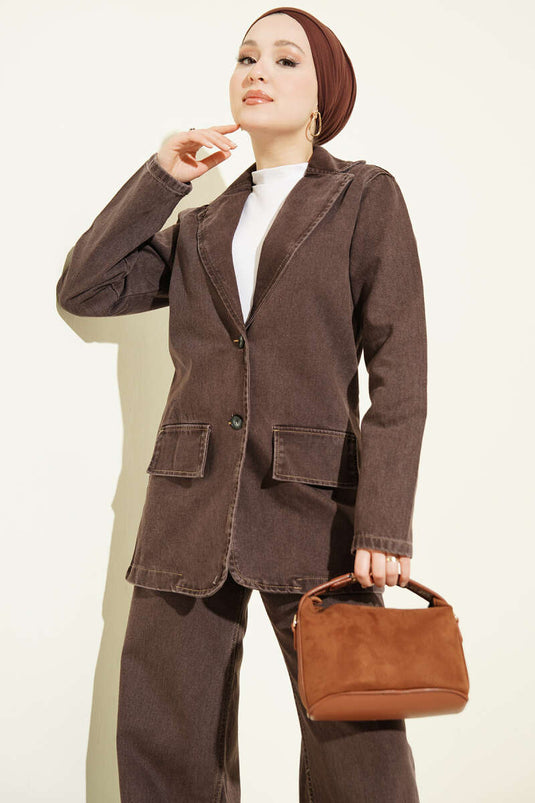 Cross-Over Collar Buttoned Denim Two-Piece Set Brown