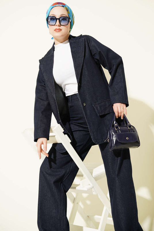 Double Set with Cross-Over Collar and Buttons, Denim, Navy Blue