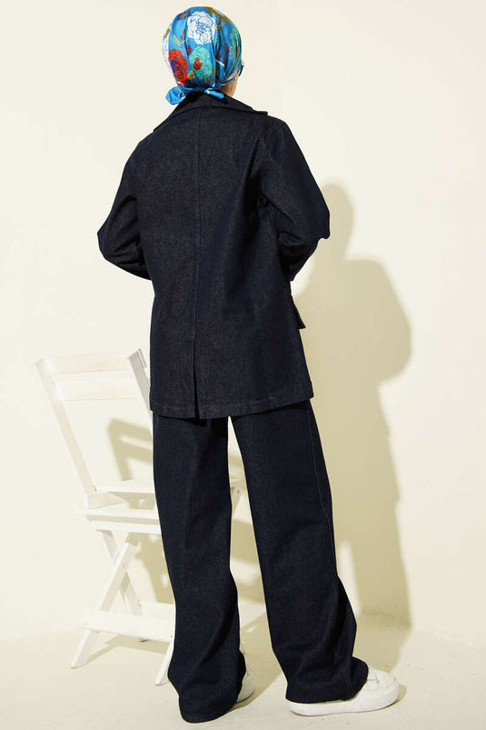Double Set with Cross-Over Collar and Buttons, Denim, Navy Blue