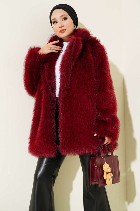 Burgundy Double-Breasted Collared Buttoned Fur-Lined Coat