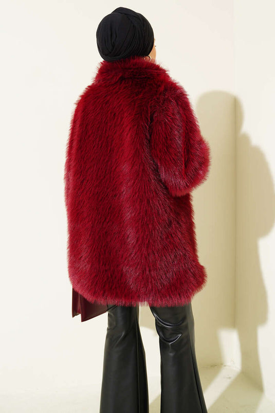 Burgundy Double-Breasted Collared Buttoned Fur-Lined Coat