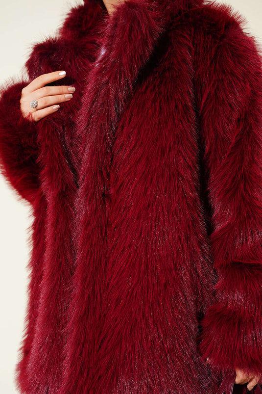 Burgundy Double-Breasted Collared Buttoned Fur-Lined Coat