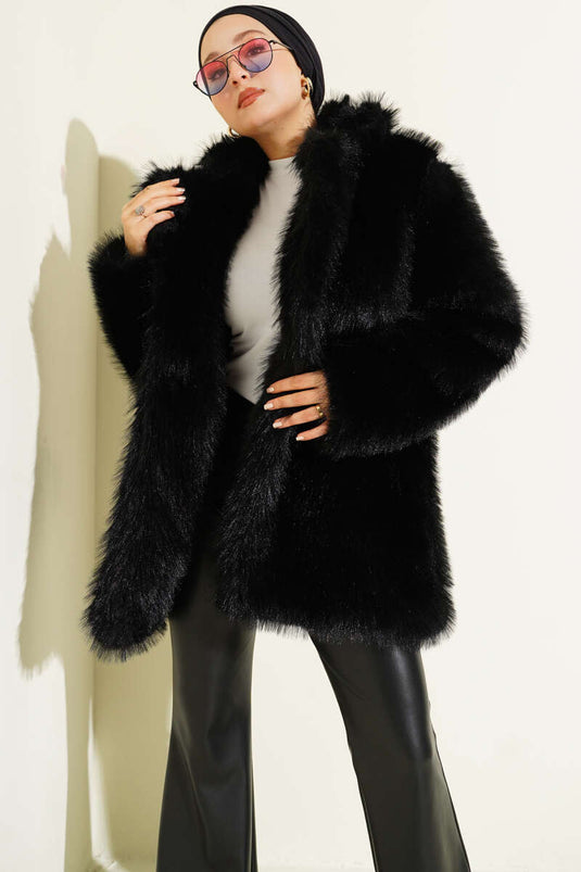 Manteau en fourrure boutonné à double boutonnage noir