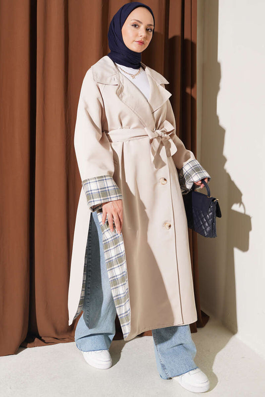 Wickelkragen Karomuster Trenchcoat Mit Verzierungen