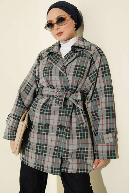 Trench-Coat À Col Croisé À Carreaux Gris