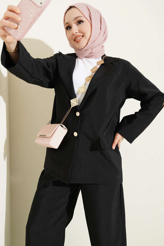 Kreuzkragen Blazer-Set mit goldenen Knöpfen Schwarz