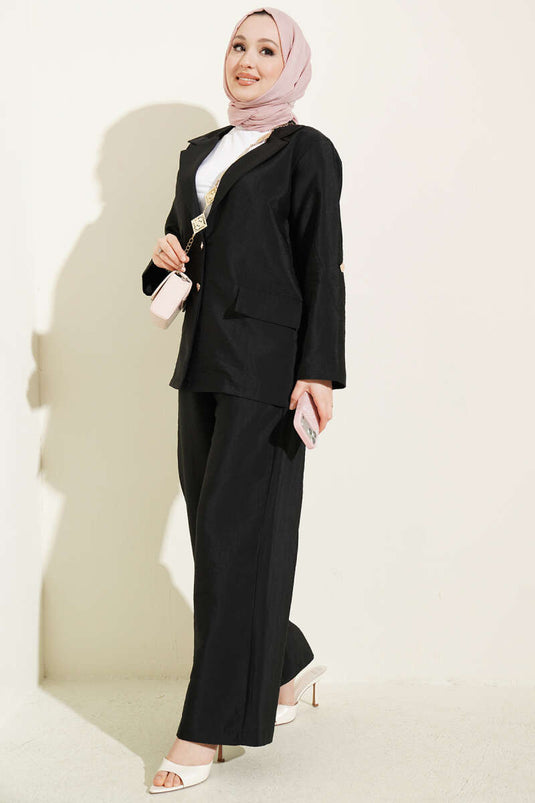Kreuzkragen Blazer-Set mit goldenen Knöpfen Schwarz