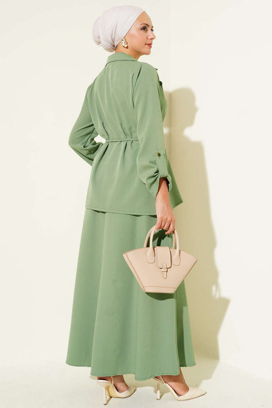 Double-breasted Collar Gold Buttoned Double Breasted Suit in Green